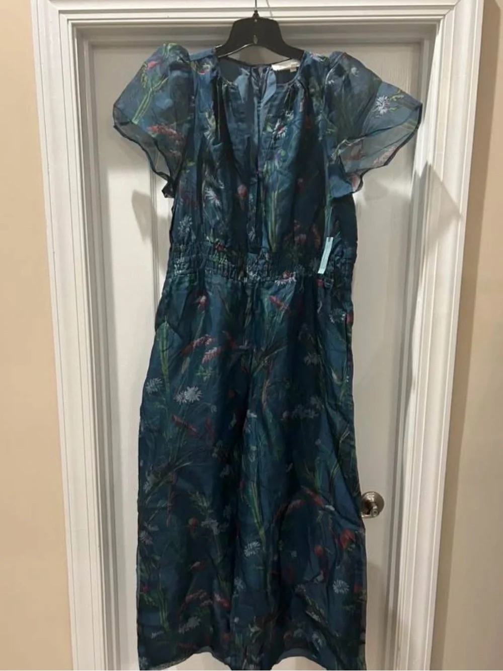 Anthropologie Teal Floral Short-Sleeve Smocked Jumpsuit - Picture 2 of 7